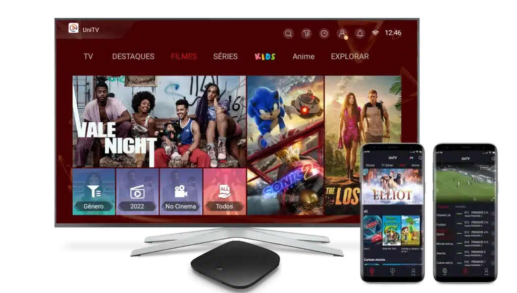 UniTV aberto em uma televisão, TV Box e celulares